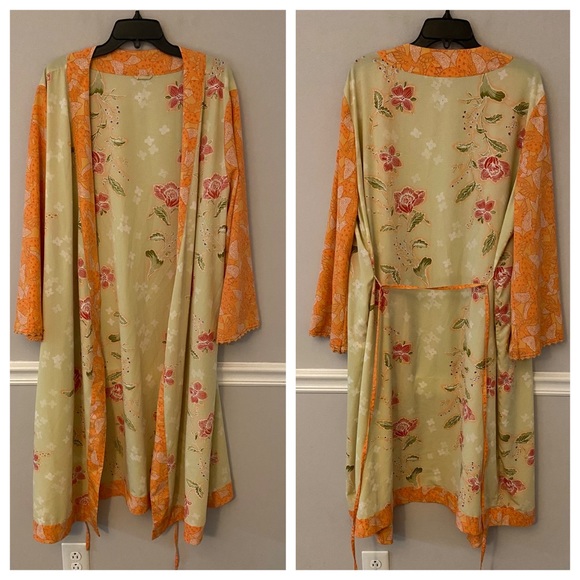 Orange  green floral polyester floral robe kimono M - Picture 2 of 8